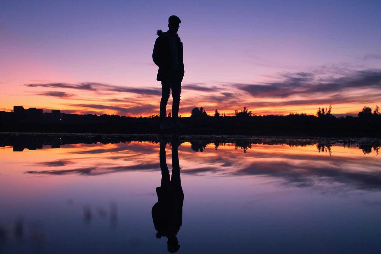 person, man, boy, sunset, twilight, nature, water, water pool, mirror image, reflection, mirroring, light, waters, color, mood, landscape, med ahabchane, person, man, boy, boy, boy, boy, boy